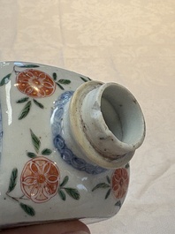 A Chinese famille verte square flask with a silver cover, Kangxi