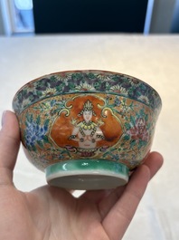 A rare Chinese polychrome orange-ground Bencharong 'Thepphanom' bowl and cover for the Thai market, 19th C.