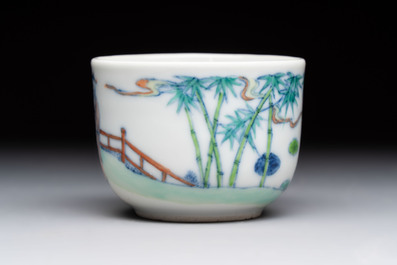 A Chinese doucai 'Zhou Dunyi 周敦颐' cup on wooden stand, Xianfeng mark and of the period