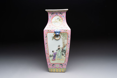 A Chinese famille rose pink-ground vase with figural design, Qianlong mark, 19/20th C.