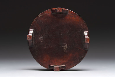 A Chinese famille rose 'immortals' vase on wooden stand and a plaque, Qianlong mark, 20th C.