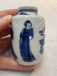 A pair of Chinese blue and white 'Long Eliza' miniature vases and wooden covers, Kangxi