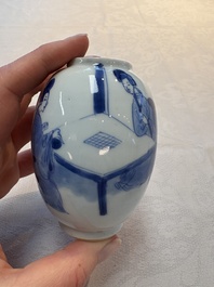 A Chinese blue and white 'ladies playing go' tea caddy and cover, Kangxi