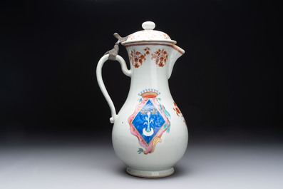A massive Chinese famille rose armorial ewer with the arms of Faverolles for the French market, Qianlong, ca. 1765