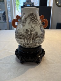 A pair of small Chinese grisaille 'hu' vases with winter landscapes, Qianlong and Tangying marks, Republic