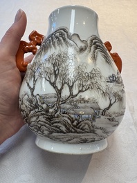 A pair of small Chinese grisaille 'hu' vases with winter landscapes, Qianlong and Tangying marks, Republic
