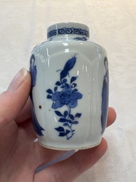 A pair of Chinese blue and white 'Long Eliza' miniature vases and wooden covers, Kangxi