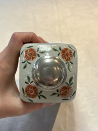 A Chinese famille verte square flask with a silver cover, Kangxi