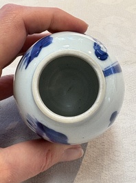 A Chinese blue and white 'ladies playing go' tea caddy and cover, Kangxi