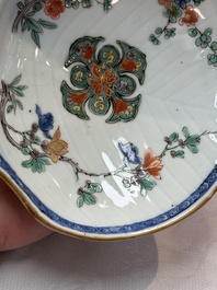 Three Chinese famille verte and Imari-style shell-form dishes, Kangxi