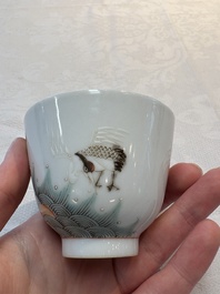 A pair of Chinese famille rose 'crane' cups and a 'dragon' brush pot, Guangxu mark, 20th C.