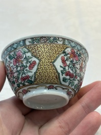 A fine Chinese gilt-decorated famille rose 'flower basket' cup and saucer, Yongzheng