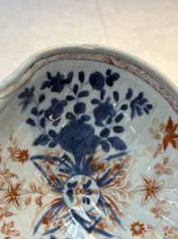 Three Chinese famille verte and Imari-style shell-form dishes, Kangxi
