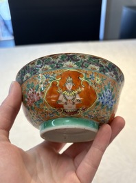 A rare Chinese polychrome orange-ground Bencharong 'Thepphanom' bowl and cover for the Thai market, 19th C.