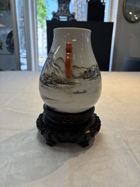 A pair of small Chinese grisaille 'hu' vases with winter landscapes, Qianlong and Tangying marks, Republic