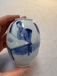 A Chinese blue and white 'ladies playing go' tea caddy and cover, Kangxi