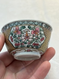 A fine Chinese gilt-decorated famille rose 'flower basket' cup and saucer, Yongzheng