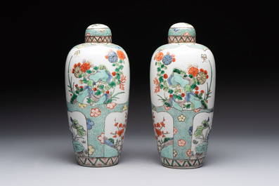 A pair of famille verte-style ovoid jars and covers, Samson, Paris, 19th C.