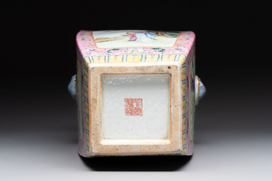 A Chinese famille rose pink-ground vase with figural design, Qianlong mark, 19/20th C.
