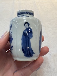 A pair of Chinese blue and white 'Long Eliza' miniature vases and wooden covers, Kangxi