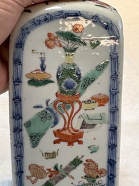 A Chinese famille verte square flask with a silver cover, Kangxi