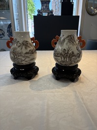 A pair of small Chinese grisaille 'hu' vases with winter landscapes, Qianlong and Tangying marks, Republic