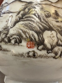 A pair of small Chinese grisaille 'hu' vases with winter landscapes, Qianlong and Tangying marks, Republic