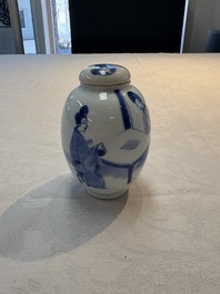 A Chinese blue and white 'ladies playing go' tea caddy and cover, Kangxi