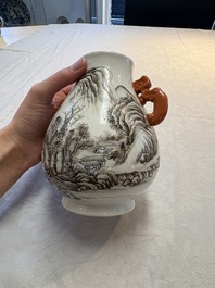A pair of small Chinese grisaille 'hu' vases with winter landscapes, Qianlong and Tangying marks, Republic