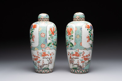 A pair of famille verte-style ovoid jars and covers, Samson, Paris, 19th C.