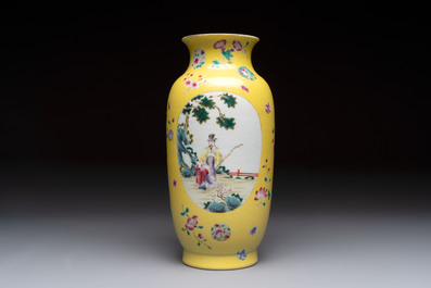 A Chinese famille rose yellow-ground sgraffiato vase, Qianlong mark, Republic