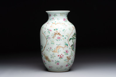 A Chinese famille rose 'immortals' vase on wooden stand and a plaque, Qianlong mark, 20th C.