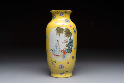 A Chinese famille rose yellow-ground sgraffiato vase, Qianlong mark, Republic