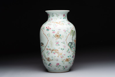 A Chinese famille rose 'immortals' vase on wooden stand and a plaque, Qianlong mark, 20th C.