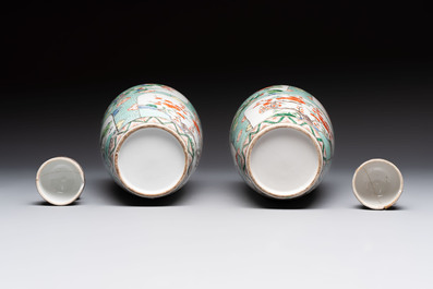 A pair of famille verte-style ovoid jars and covers, Samson, Paris, 19th C.