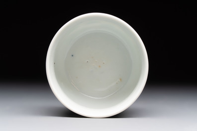 A Chinese doucai 'Zhou Dunyi 周敦颐' cup on wooden stand, Xianfeng mark and of the period