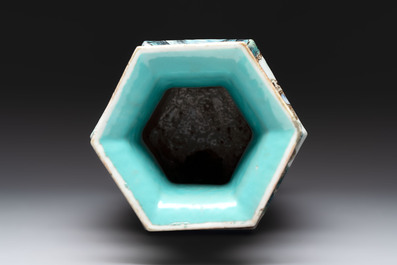 A Chinese Canton famille rose hexagonal vase with narrative design, 19th C.