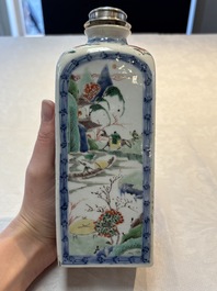 A Chinese famille verte square flask with a silver cover, Kangxi