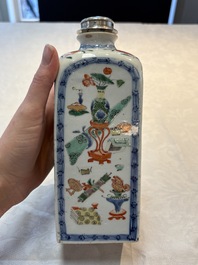 A Chinese famille verte square flask with a silver cover, Kangxi