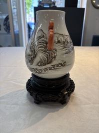 A pair of small Chinese grisaille 'hu' vases with winter landscapes, Qianlong and Tangying marks, Republic