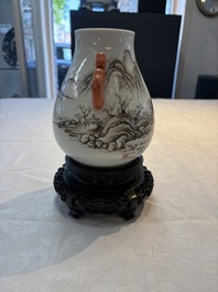 A pair of small Chinese grisaille 'hu' vases with winter landscapes, Qianlong and Tangying marks, Republic