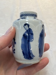 A pair of Chinese blue and white 'Long Eliza' miniature vases and wooden covers, Kangxi