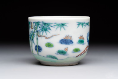 A Chinese doucai 'Zhou Dunyi 周敦颐' cup on wooden stand, Xianfeng mark and of the period