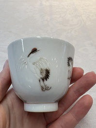 A pair of Chinese famille rose 'crane' cups and a 'dragon' brush pot, Guangxu mark, 20th C.