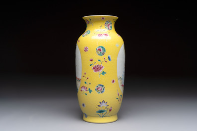 A Chinese famille rose yellow-ground sgraffiato vase, Qianlong mark, Republic