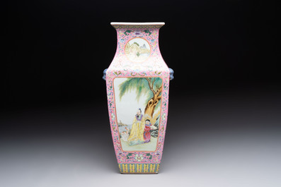 A Chinese famille rose pink-ground vase with figural design, Qianlong mark, 19/20th C.