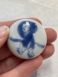 A Chinese blue and white 'ladies playing go' tea caddy and cover, Kangxi