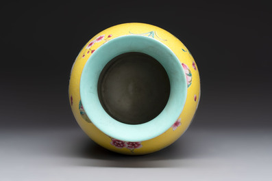 A Chinese famille rose yellow-ground sgraffiato vase, Qianlong mark, Republic