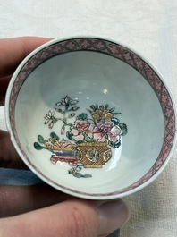 A fine Chinese gilt-decorated famille rose 'flower basket' cup and saucer, Yongzheng