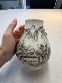 A pair of small Chinese grisaille 'hu' vases with winter landscapes, Qianlong and Tangying marks, Republic